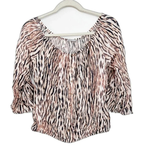 Tart Tops - Tart Women’s Leopard Print Long Sleeve Top Sz M Blouse Ruffle Bell Sleeve Tan **